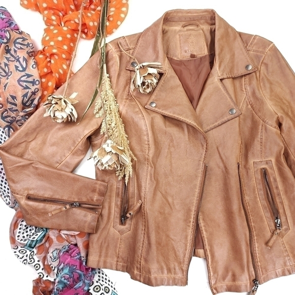 ❣️ Max Studio Brown Tan Vegan Leather Jacket Sz L - Picture 1 of 10
